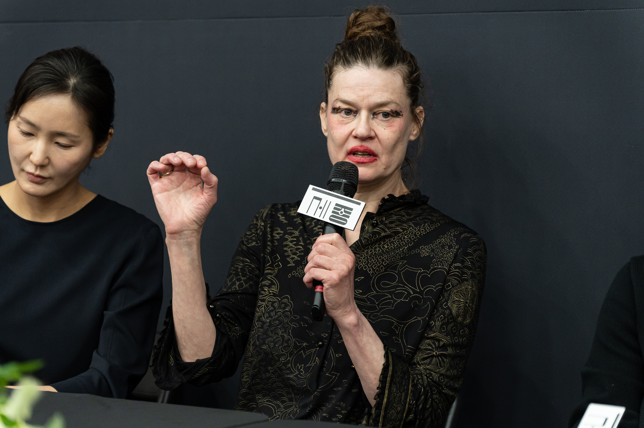 Sharon Eyal speaks during a press conference for her work “Jakie,” performed with the Seoul Metropolitan Ballet, on Tuesday at the Sejong Center for the Performing Arts. (Seoul Metropolitan Ballet)