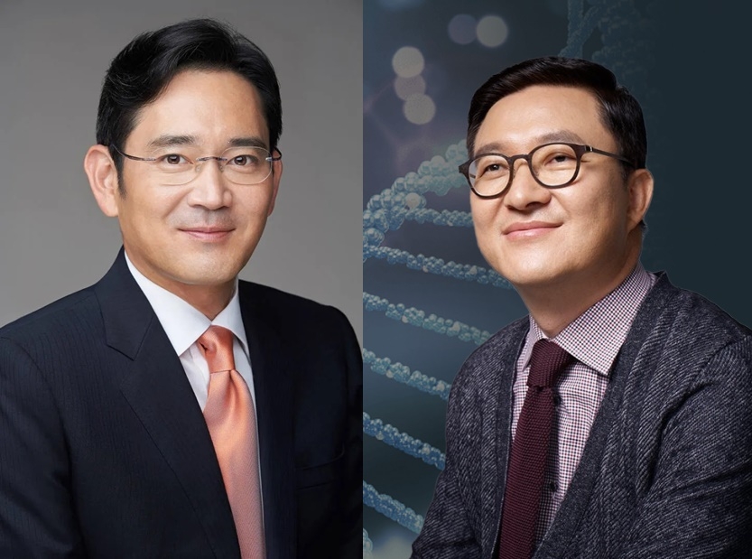 Samsung Electronics Chairman Lee Jae-yong (left) and  Caregen CEO Chung Yong-ji (Samsung, Caragen)