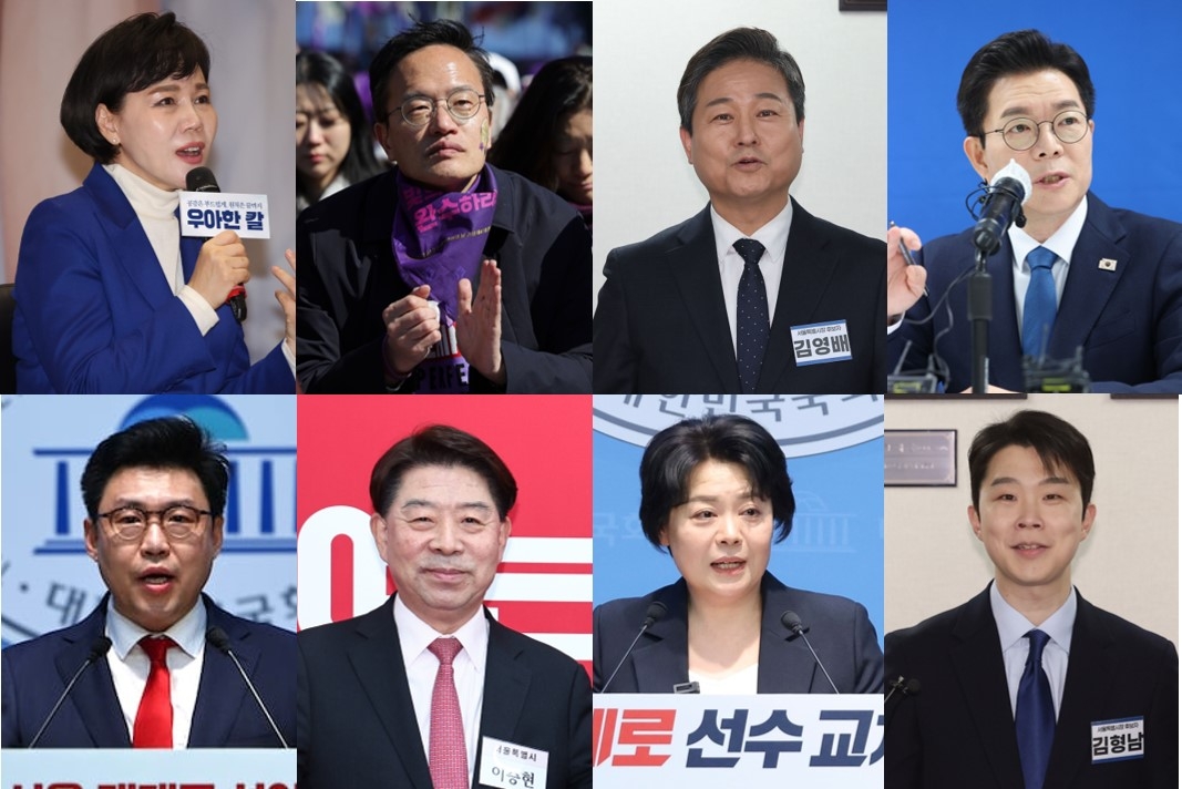 From left top, clockwise: Rep. Jeon Hyun-heui, Rep. Park Ju-min, Rep. Kim Young-bae, Chong Won-o, Kim Hyung-nam, Yun Hee-suk, Lee Seung-hyun and Lee Sang-kyu (Newsis)