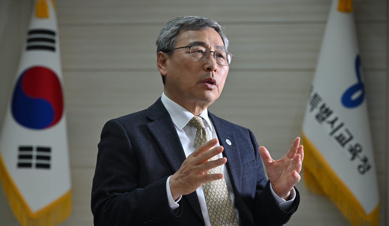 Jung Geun-sik, superintendent of the Seoul Metropolitan Office of Education, speaks during an interview with The Korea Herald at his office in March 2025. (Im Se-jun/The Korea Herald)