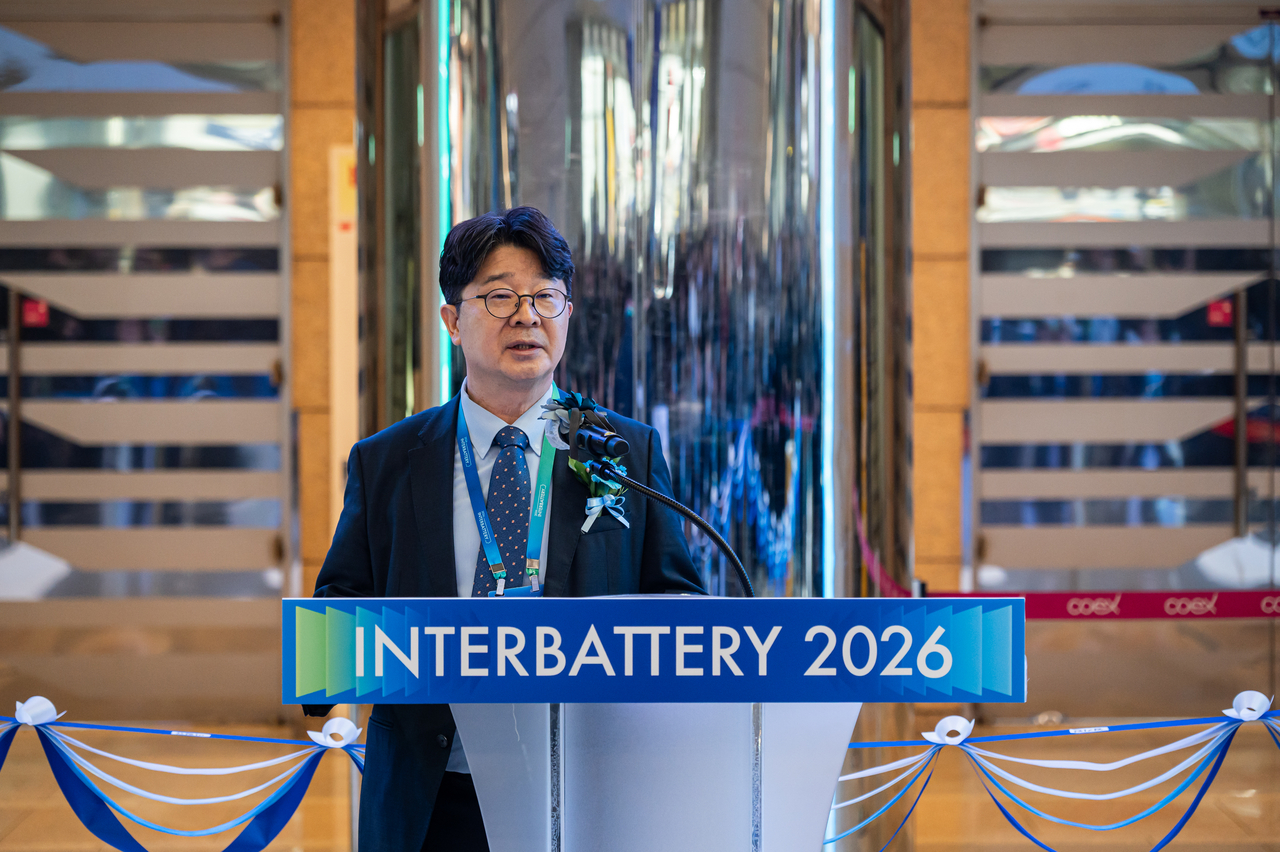 Posco Future M President and CEO Eom Gi-chen speaks during the opening ceremony of InterBattery 2026 held at COEX in Gangnam-gu, Seoul, Wednesday. (Korea Battery Industry Association)
