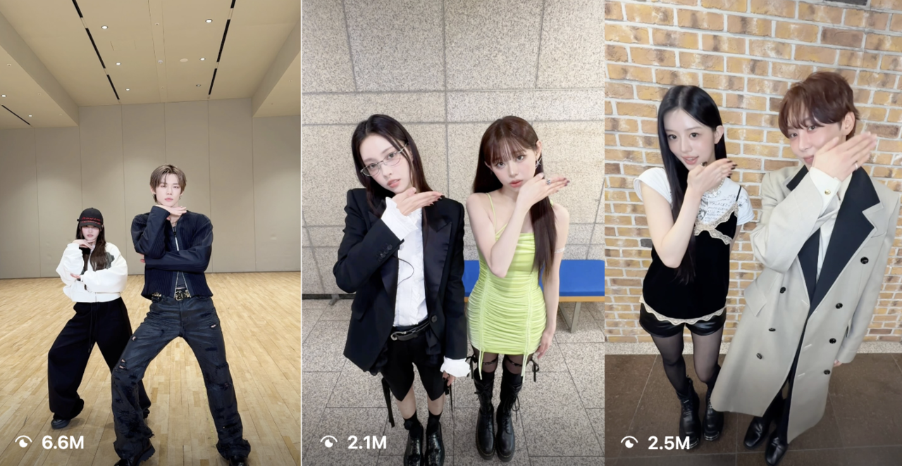 From left: Tomorrow x Together's Yeonjun, Chuu and Seventeen's Seungkwan take part in Illit's short-form challenge video for "Not Cute Anymore." (@illit_official, Instagram)