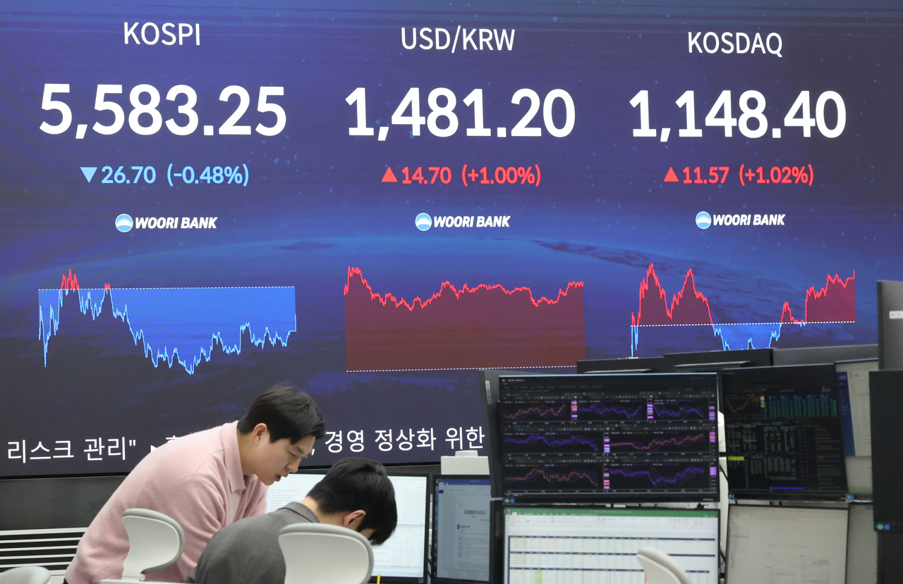 An electronic board showing the Korea Composite Stock Price Index at a dealing room of the Hana Bank headquarters in Seoul on Thursday. (Yonhap)