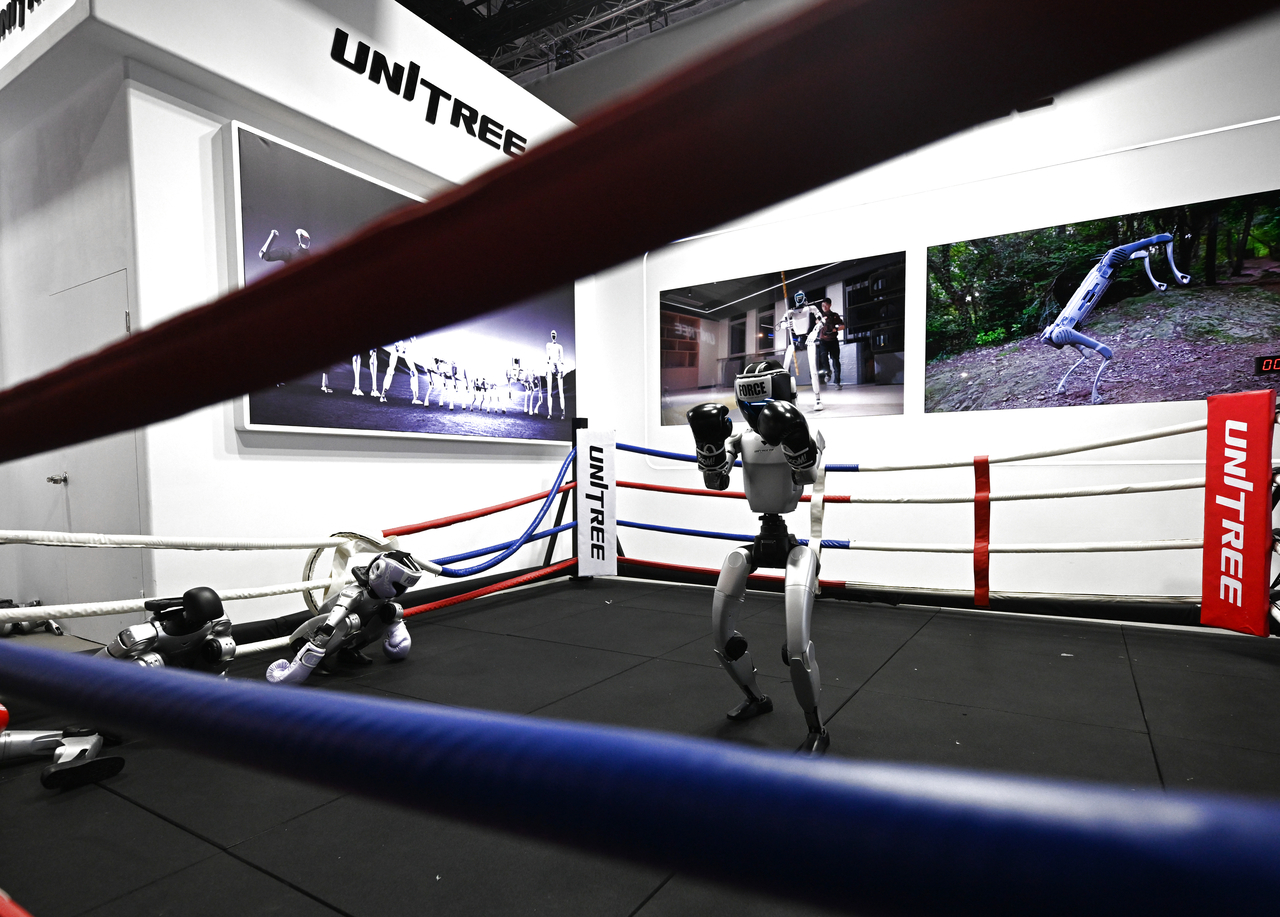 Humanoid robots by Unitree Robotics are showcased during the Mobile World Congress 2026 in Barcelona, Spain, on March 4. (Xinhua-Yonhap)