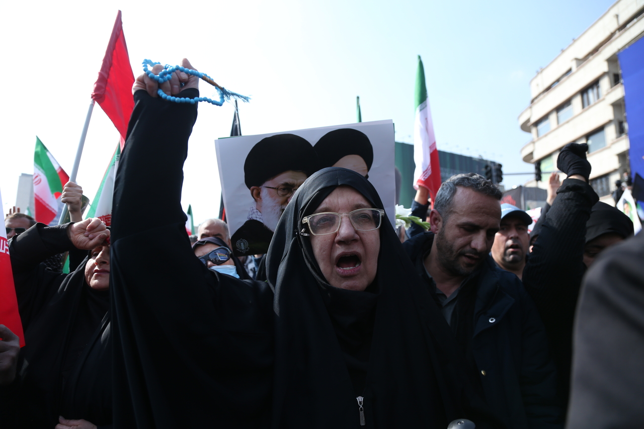 People attend a funeral held for Iranian high-ranking military commanders killed during strikes launched by the United States and Israel against Iran in Tehran, Iran, Wednesday.   Xinhua-Yonhap