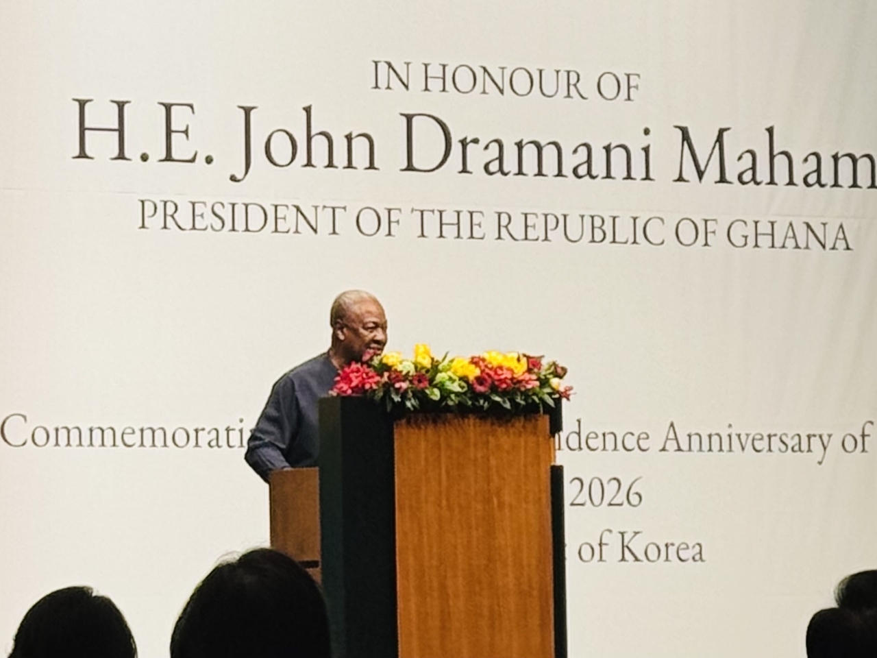 John Dramani Mahama , President of Ghana speaks during Ghana Day at The Shilla Seoul on Friday. (Sanjay Kumar/The Korea Herald)