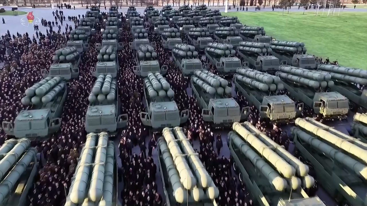 Weapons systems are on display in Pyongyang on Feb. 18. (Yonhap)
