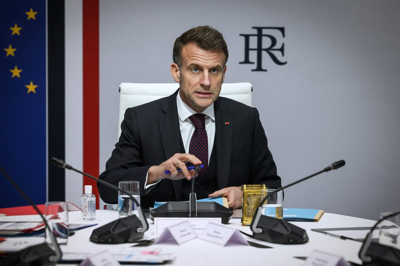 France's President Emmanuel Macron speaks during a national defense council meeting at the Elysee Palace in Paris on Tuesday. (AFP)