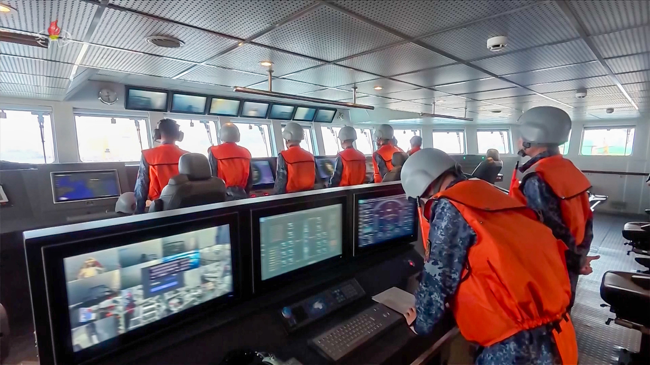 North Korean leader Kim Jong-un watched a test launch of strategic cruise missiles from the destroyer Choe Hyon-ho via video link on March 10, Korean Central Television reported on March 11. (Yonhap)