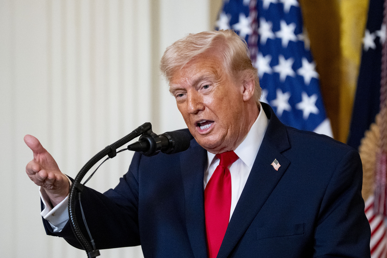 President Donald Trump speaks during an event celebrating Women's History Month in the East Room of the White House in Washington on Thursday, in this photo released by UPI. (Yonhap)
