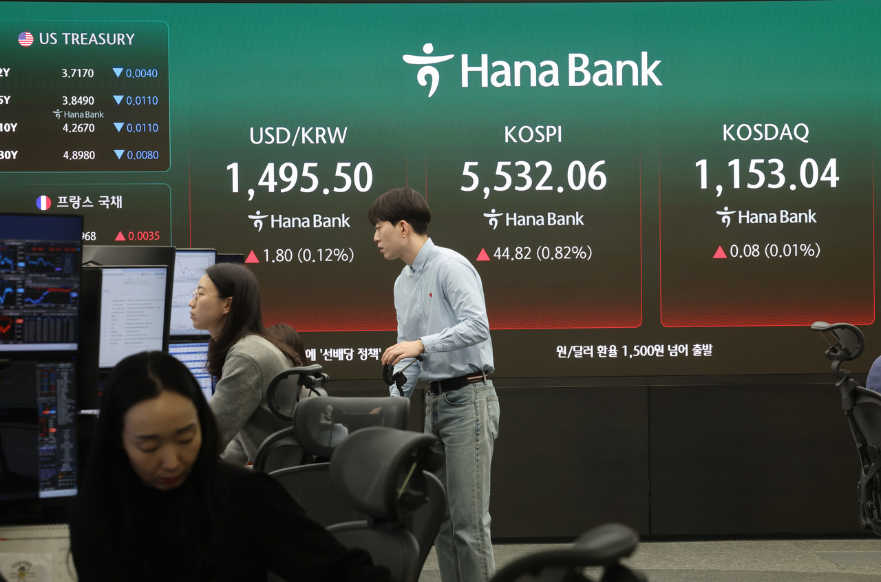 An electronic board showing the Korea Composite Stock Price Index at a dealing room of the Hana Bank headquarters in Seoul on Monday. (Yonhap)