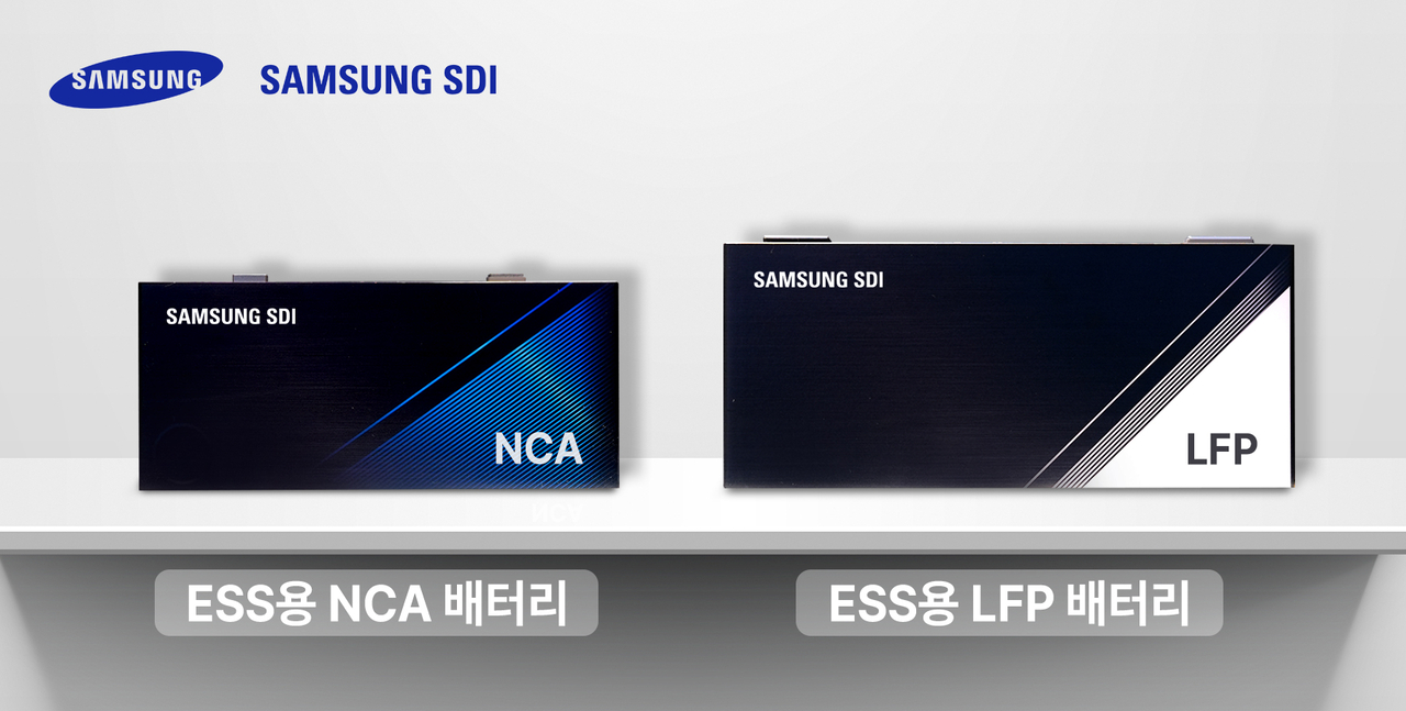 Samsung SDI’s energy storage system prismatic batteries featuring nickel-cobalt-aluminum (left) and lithium iron phosphate chemistries (Samsung SDI)