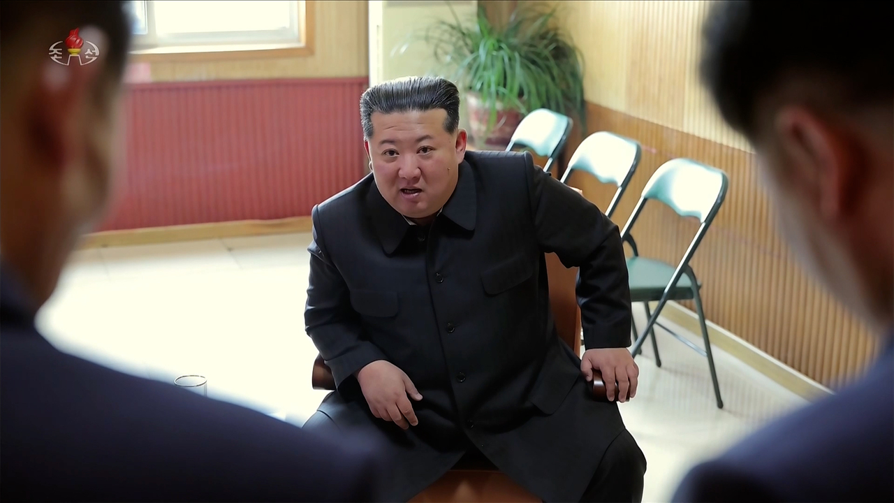 North Korean leader Kim Jong-un speaks to North Korean officials at the Sunchon Area Youth Coal-mining Complex on Sunday (Korean Central News Agency via Yonhap)
