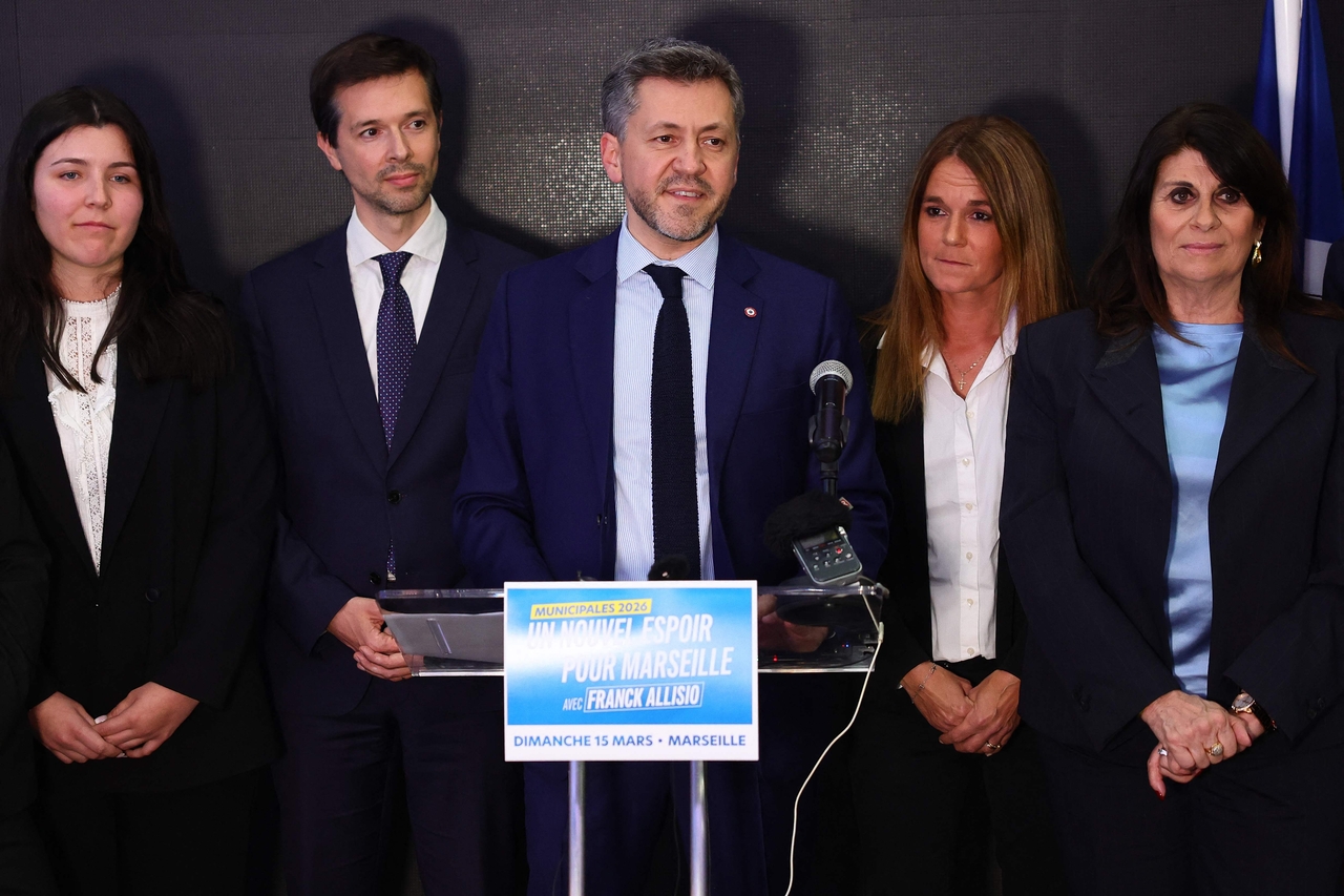 Marseille's far-right Rassemblement National (RN) party member of Parliament and mayoral candidate Franck Allisio (center) delivers a speech in Marseille, France, Sunday. (AFP-Yonhap)