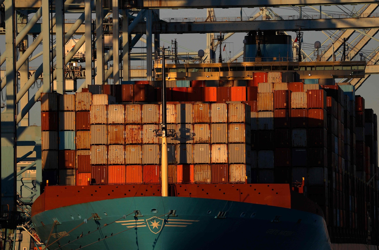 A container ship is seen docked at the Port of Los Angeles  in Los Angeles, California, Friday.   AFP-Yonhap