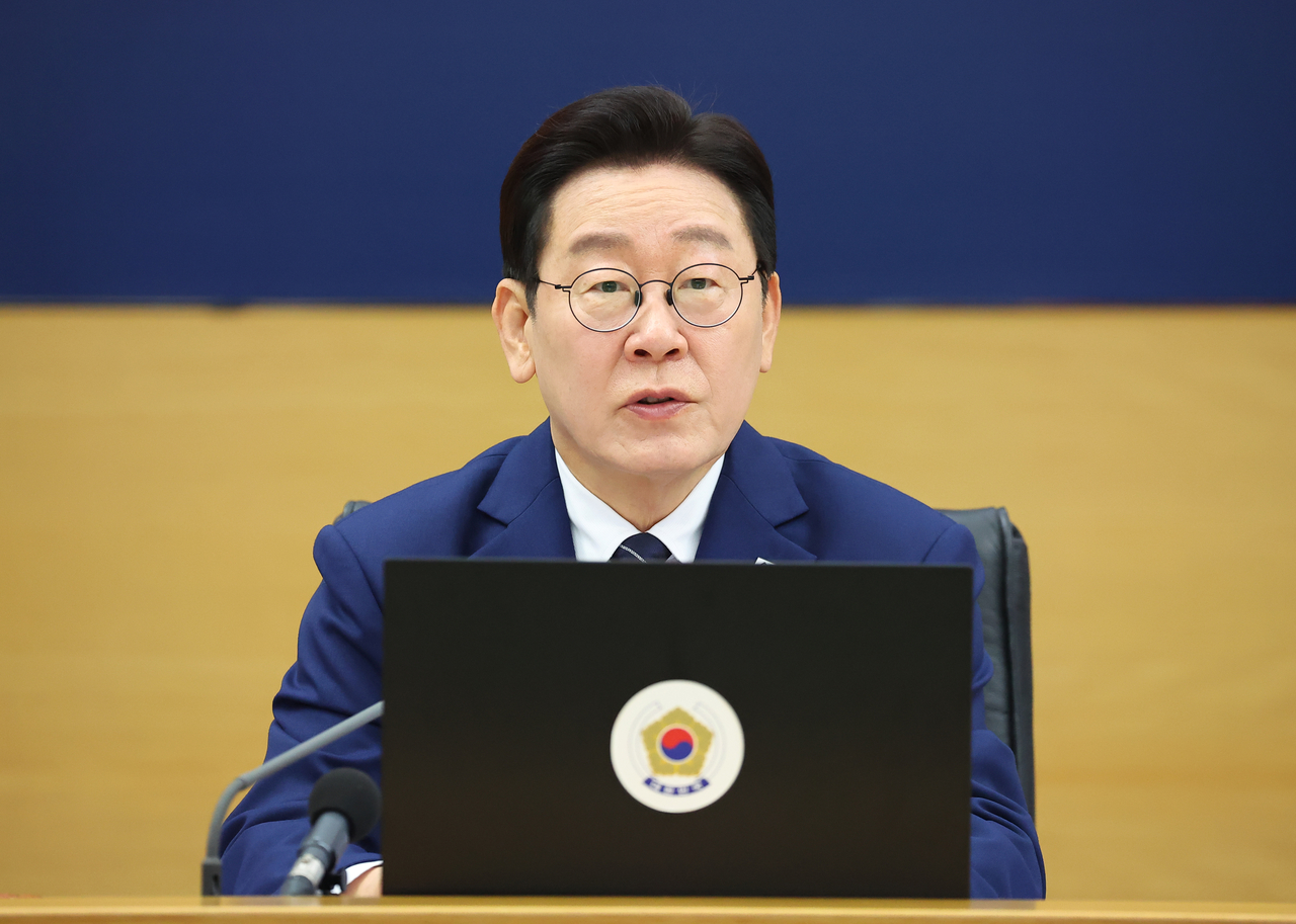 President Lee Jae Myung speaks during a Cabinet meeting held at the government complex in the administrative city of Sejong on Tuesday. (Yonhap)