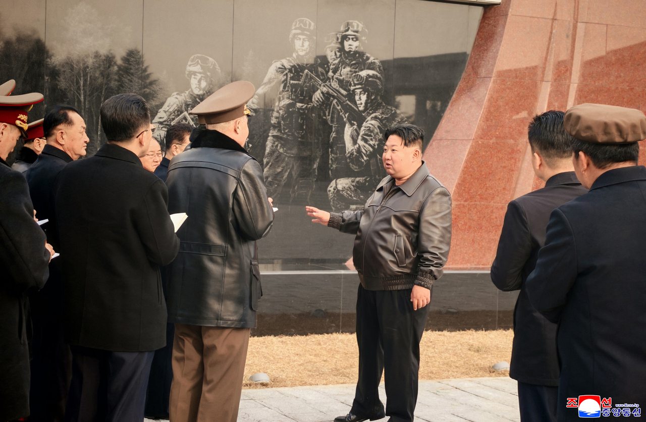 North Korean leader Kim Jong-un (center) inspects the construction site for the Memorial Museum of Combat Feats at the Overseas Military Operations in Pyongyang on Monday. (KCNA via Yonhap)