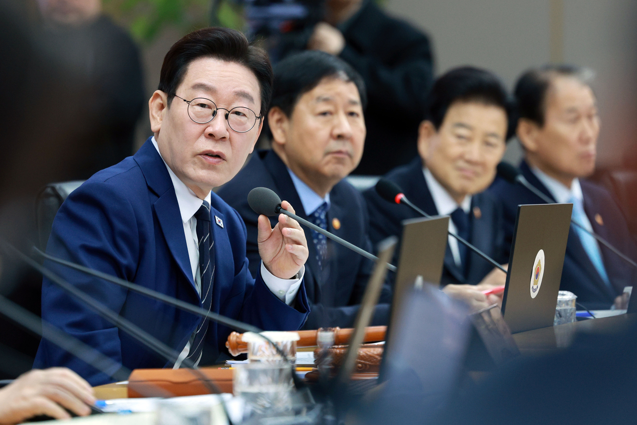 President Lee Jae Myung speaks in a Cabinet meeting at the government office in Sejong, Tuesday. (Yonhap)