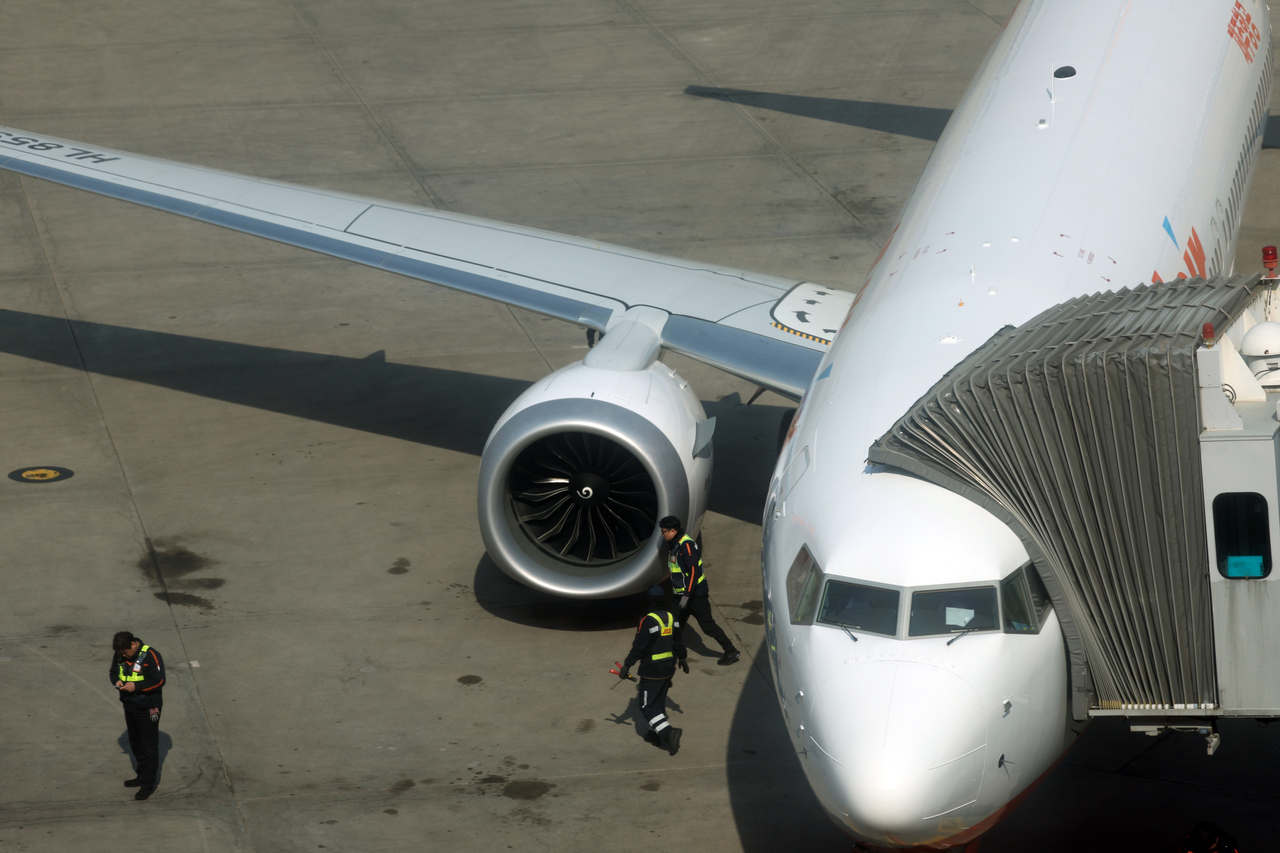 An airplane is parked at Incheon Airport on Monday. (Yonhap)