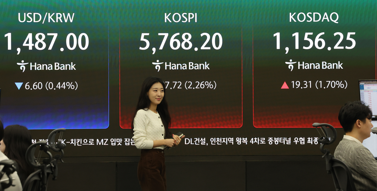 An electronic board showing the Korea Composite Stock Price Index at a dealing room of the Hana Bank headquarters in Seoul on Wednesday. (Yonhap)