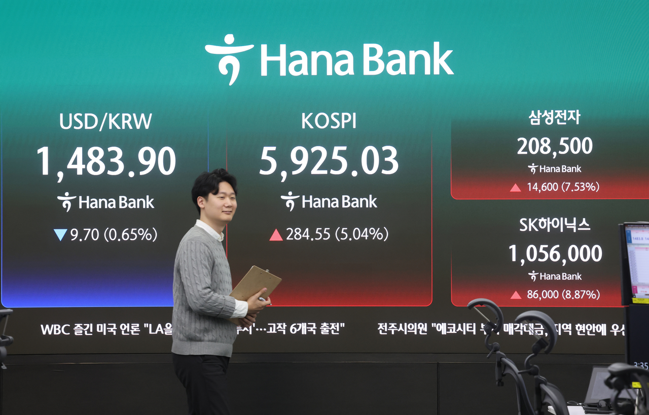 An electronic board showing the Korea Composite Stock Price Index at a dealing room of the Hana Bank headquarters in Seoul on Wednesday. (Yonhap)