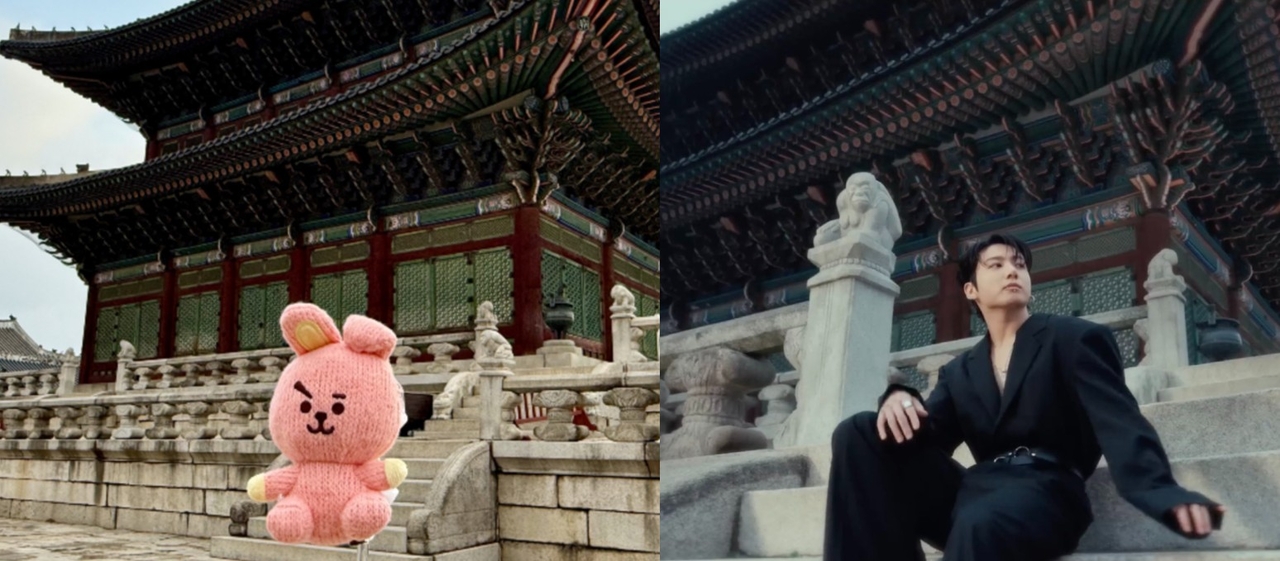 The photo on the left from the Korea Heritage Service showcases the historical backdrop used by Jungkook (right) in a teaser trailer for the upcoming Netflix live concert. (KHS, Netflix)