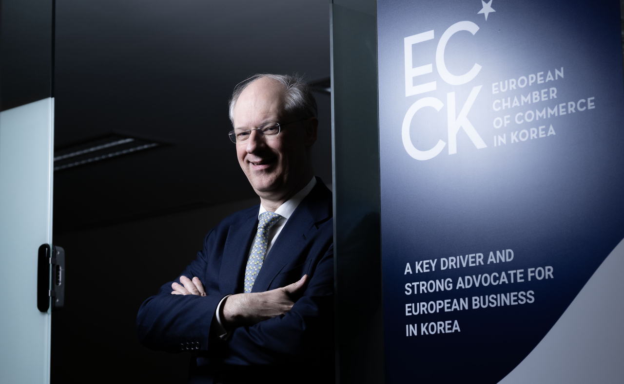 European Chamber of Commerce in Korea Chairperson Philippe Van Hoof poses for a photo at the ECCK's office in Seoul on Tuesday. (Im Se-jun/The Korea Herald)