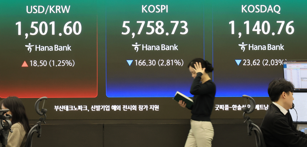 An electronic board showing the Korea Composite Stock Price Index at a dealing room of the Hana Bank headquarters in Seoul on Thursday. (Yonhap)