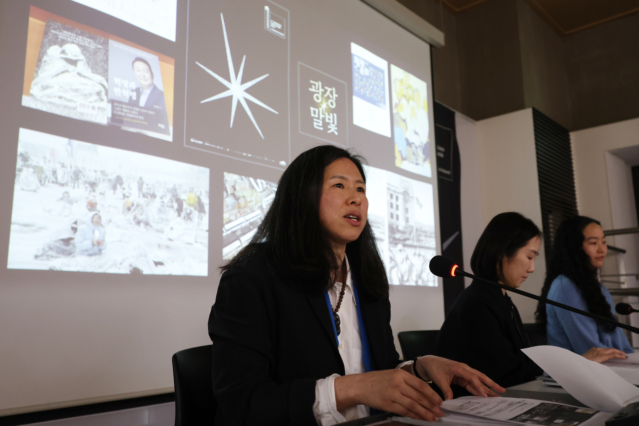 Curator Binna Choi (far left), artistic director of the Korean Pavilion at Venice Biennale 2026, speaks on Thursday at Arko Art Center in Jongno-gu, Seoul. (Yonhap)