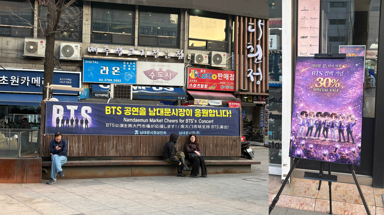 BTS comeback references in Seoul, including Namdaemun Market.