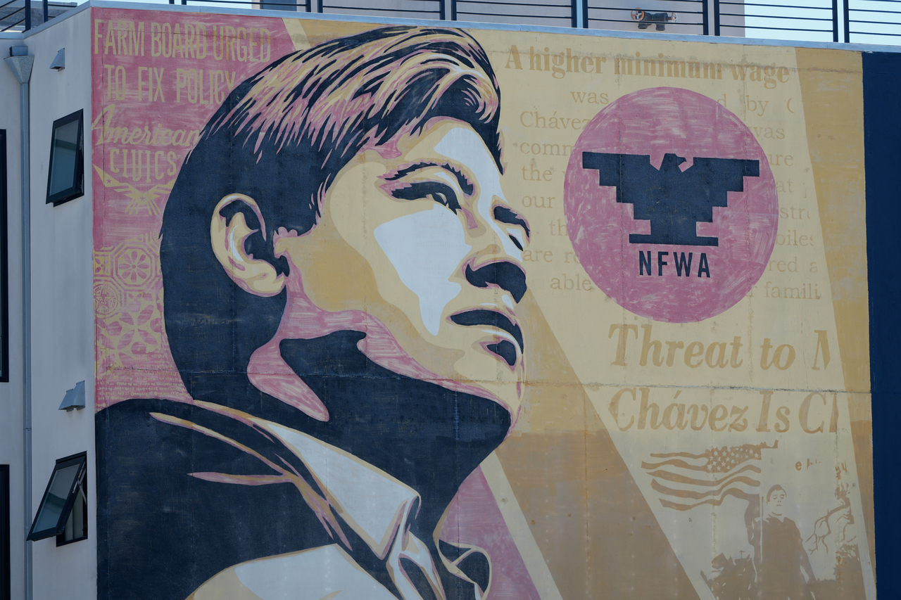 An image of Cesar Chavez is shown on a mural in San Francisco, Wednesday. (AP-Yonhap)