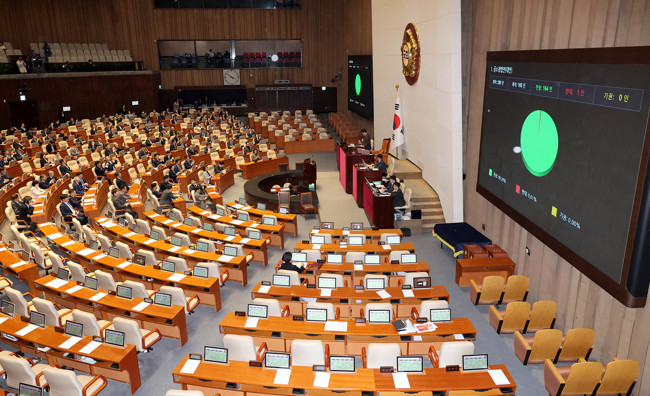 The National Assembly passes a bill on outlining the scope and operation of an envisioned indictment agency during a plenary session on Friday. (Yonhap)