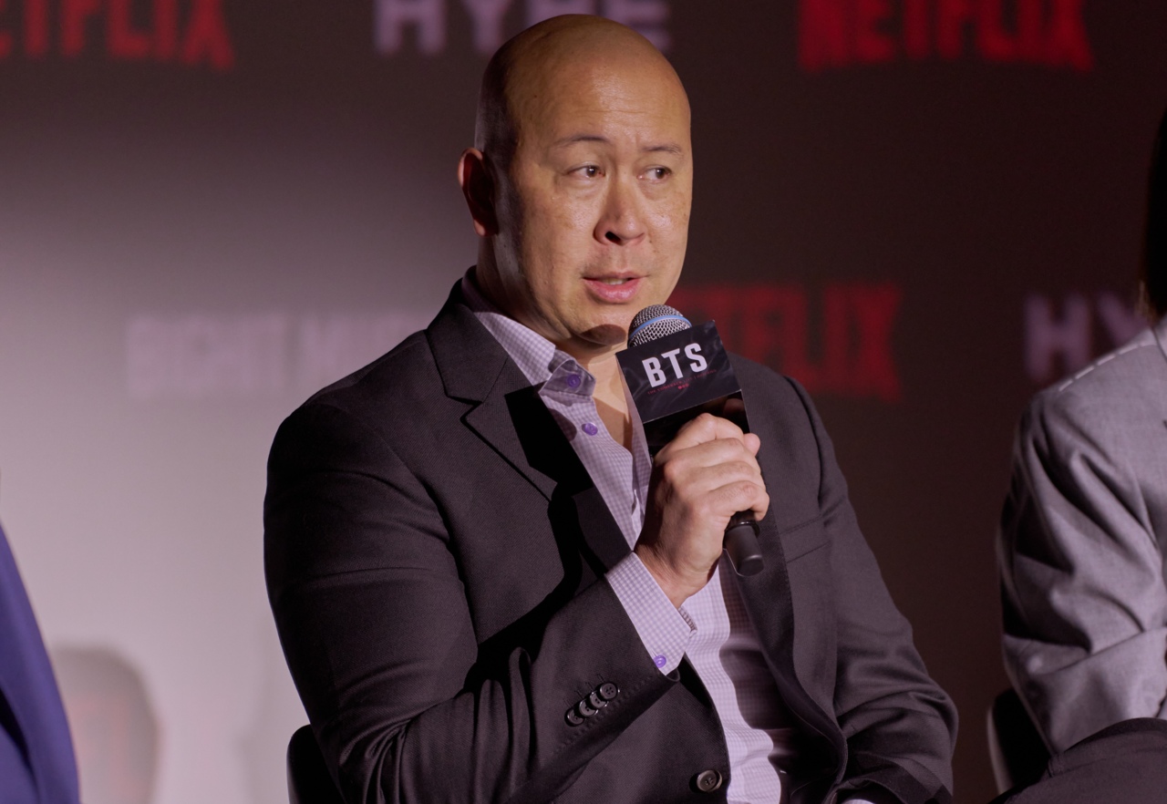 Netflix VP Brandon Riegg speaks at a press briefing for 