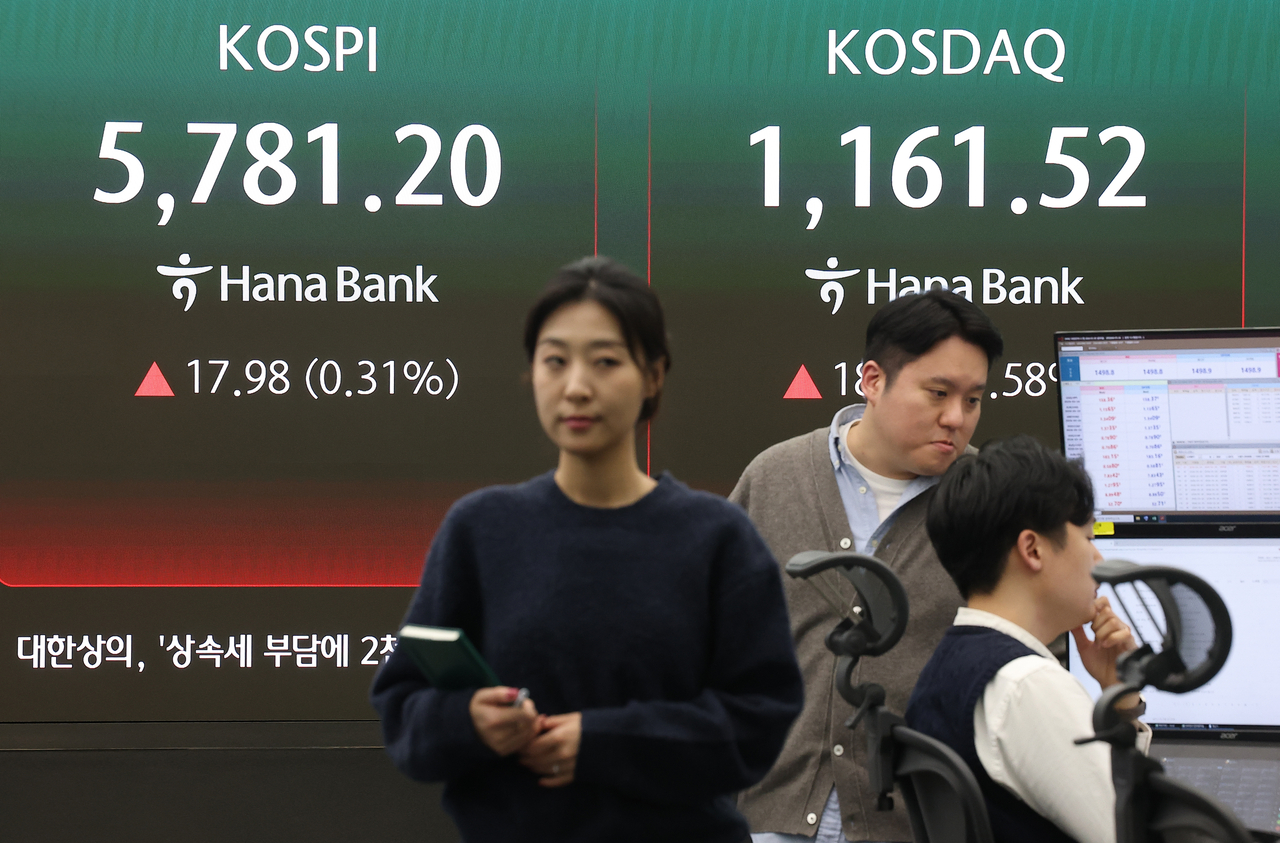 The KOSPI and KOSDAQ indices are displayed on the electronic board in the dealing room of Hana Bank’s headquarters in Jung-gu, Seoul, on Friday. (Yonhap)