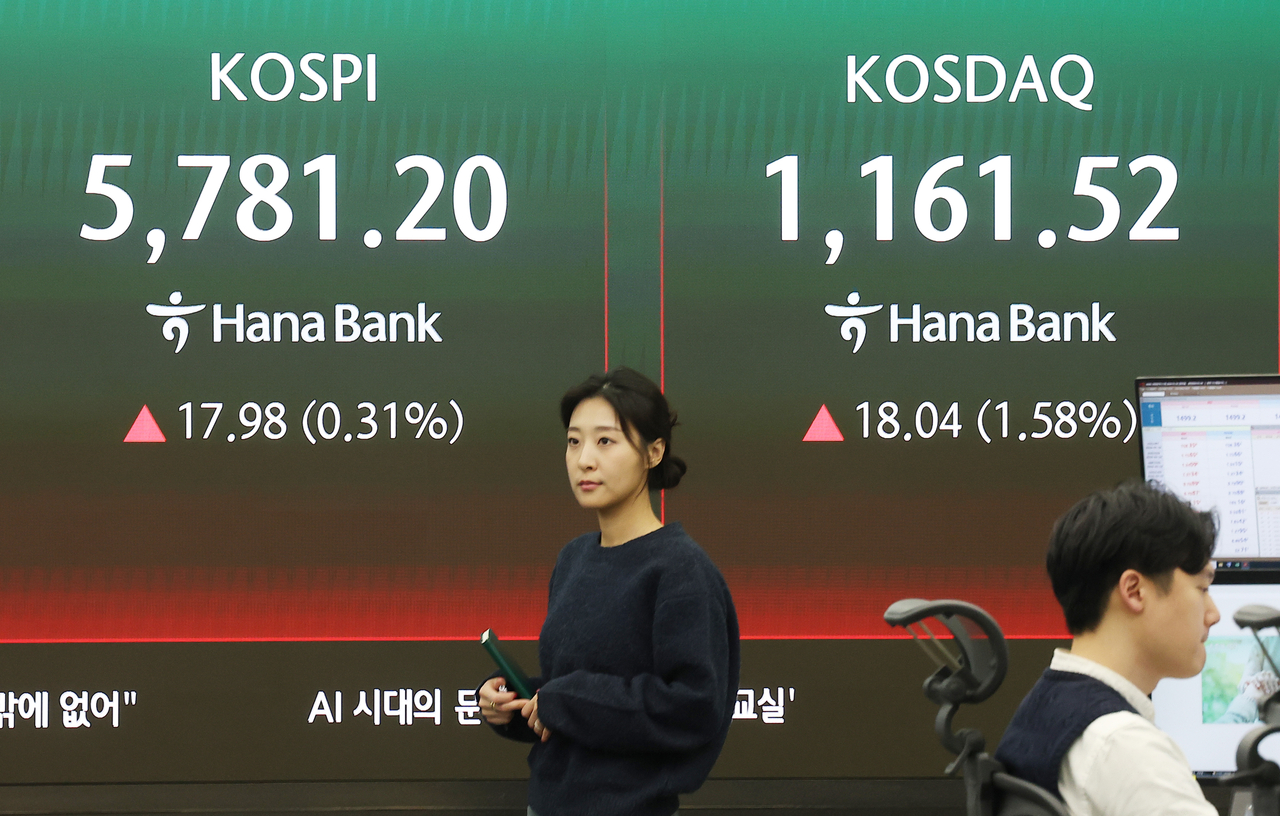 An electronic board at Hana Bank’s dealing room in central Seoul displays the Kospi and Kosdaq on Friday. (Yonhap)