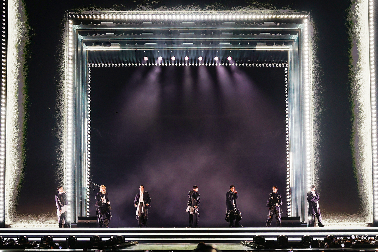 BTS performs during the "BTS Comeback Live: Arirang," taking place at Gwanghwamun Square on Saturday. (Big Hit Music)