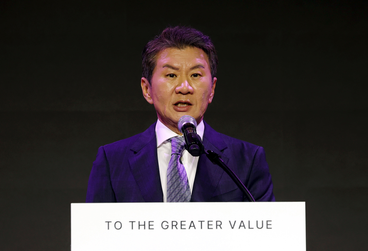 HDC Group Chairman Chung Mong-gyu speaks at a commemorative event marking the group's 50th anniversary in Seoul on Wednesday. (Newsis)