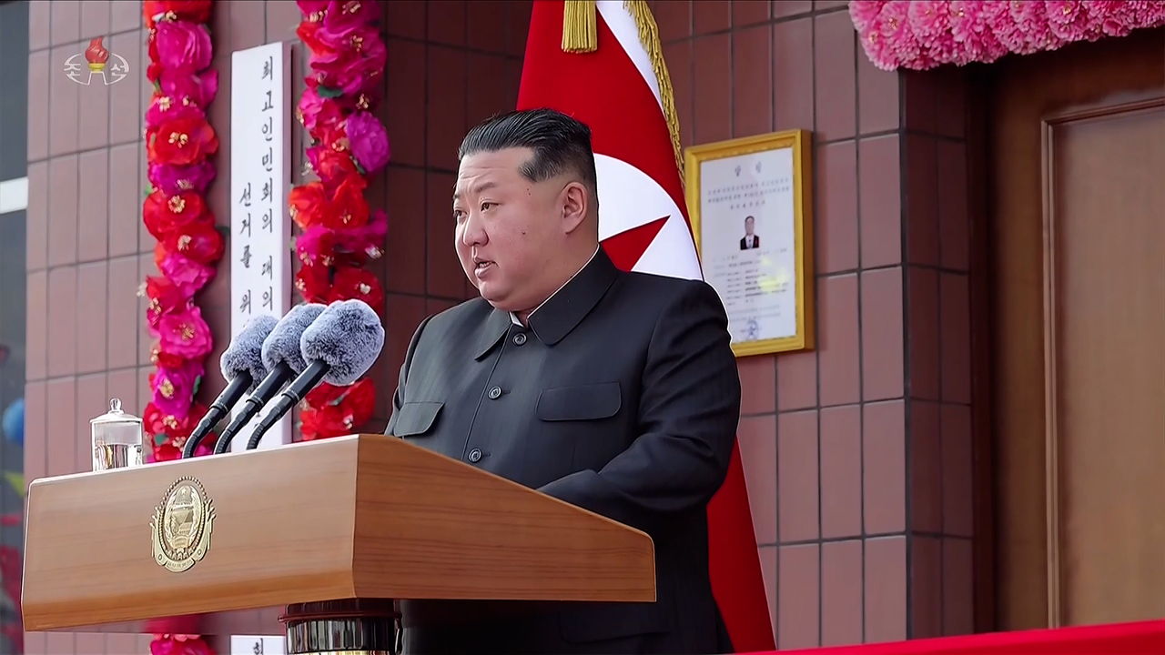 North Korean leader Kim Jong-un makes an address at a polling station on March 15. (Yonhap)