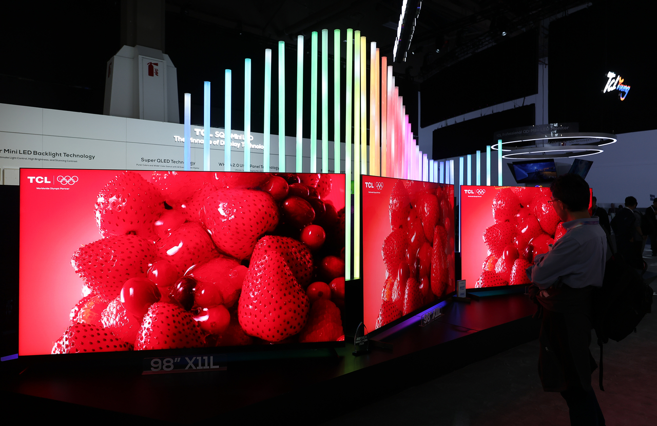 Televisions are on display at the booth of Chinese electronics firm TCL during CES 2026, held in January in Las Vegas. (Yonhap)