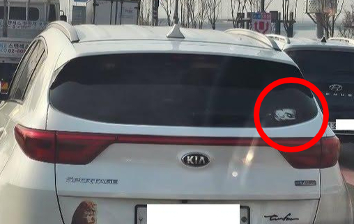 This photo shared on online used car community Bobaedream shows the so-called "ghost sticker" attached on the back of an SUV. (Bobaedream)