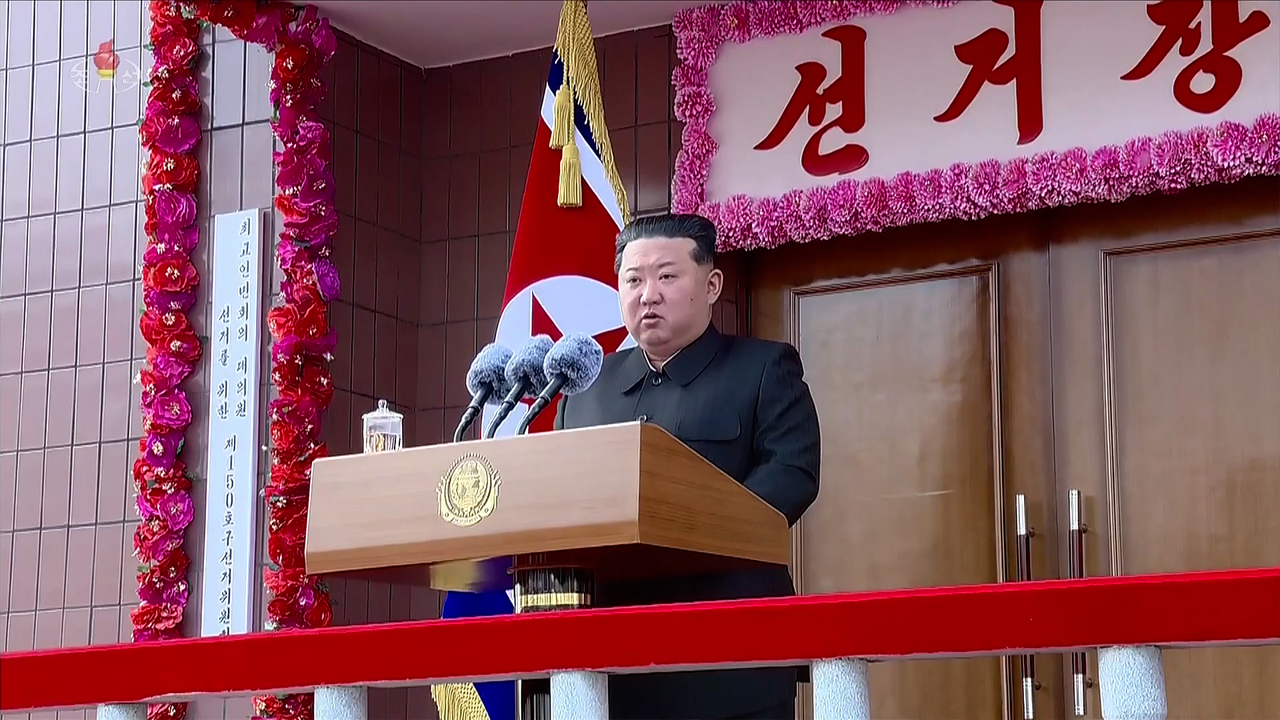 North Korean leader Kim Jong-un speaks to the public after casting a ballot at a coal mine constituency on March 15 in elections to pick deputies to the 15th Supreme People's Assembly. (KCNA via Yonhap)