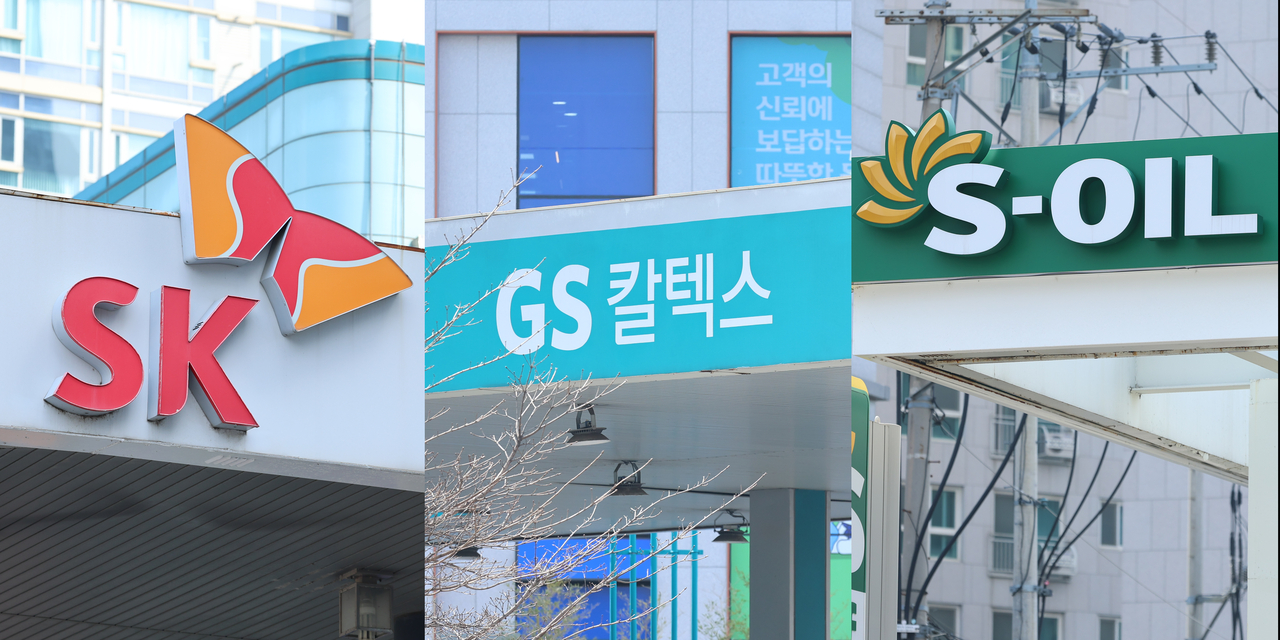From left: Gas stations bearing the logos of SK Energy, GS Caltex, S-Oil and HD Hyundai Oilbank are seen in this compilation photo taken Monday. (Yonhap)