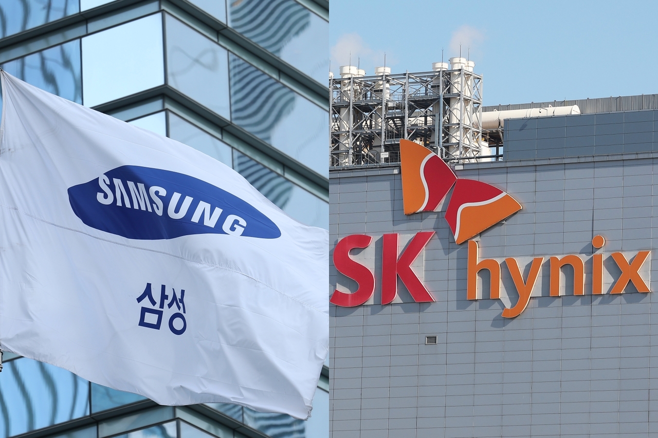 A samsung logo flag hangs outside the company's office building in southern Seoul (left) and the SK hynix logo is shown on the company's headquarters in Icheon, Gyeonggi Province. (Yonhap)