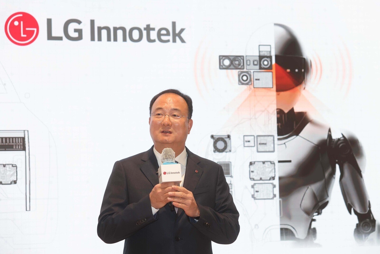 LG Innotek CEO Moon Hyuk-soo speaks to reporters after the company’s annual shareholders meeting at LG Science Park in Magok, Seoul, on Monday. (LG Innotek)