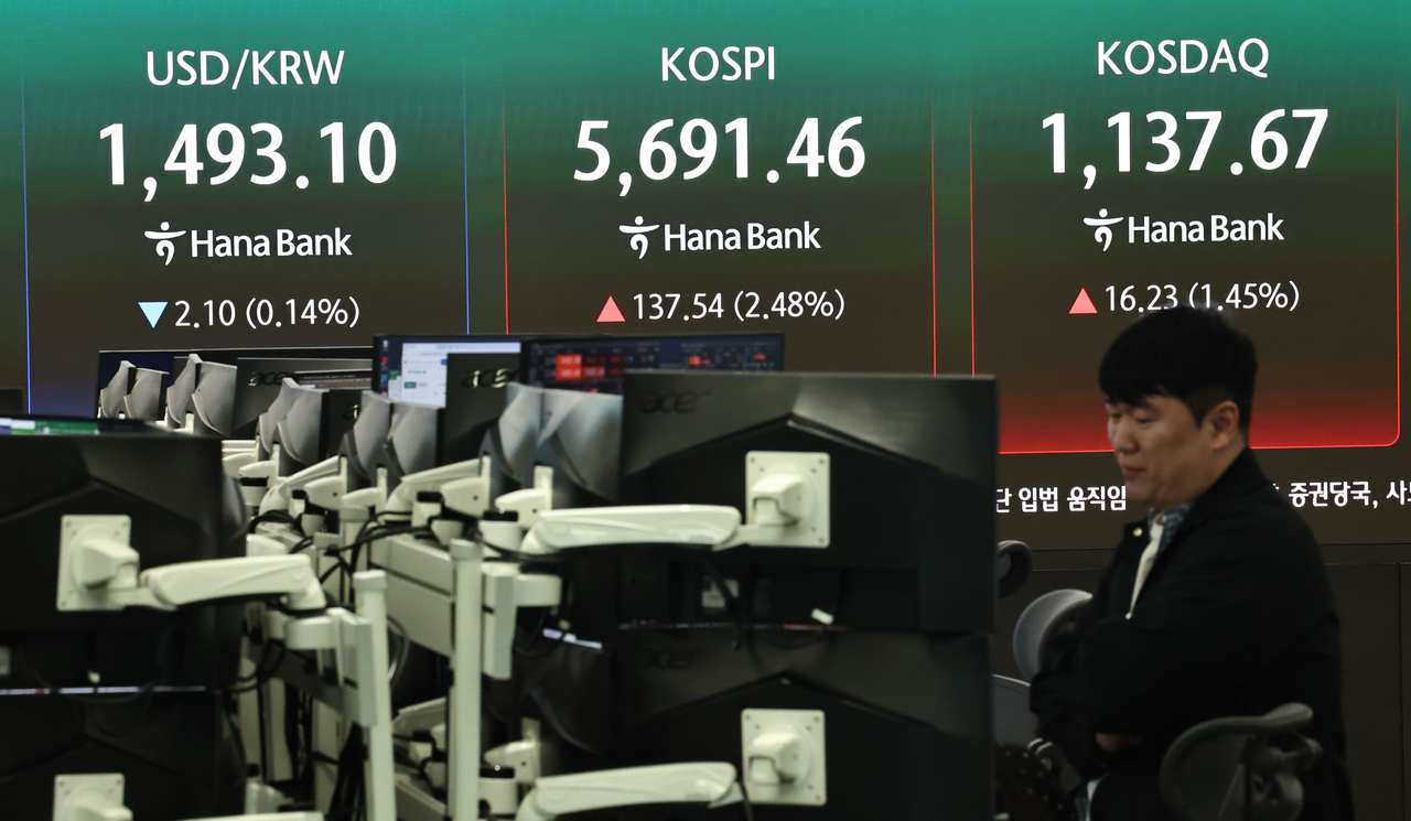 An electronic board showing the Korea Composite Stock Price Index at a dealing room of the Hana Bank headquarters in Seoul on Wednesday. (Yonhap)