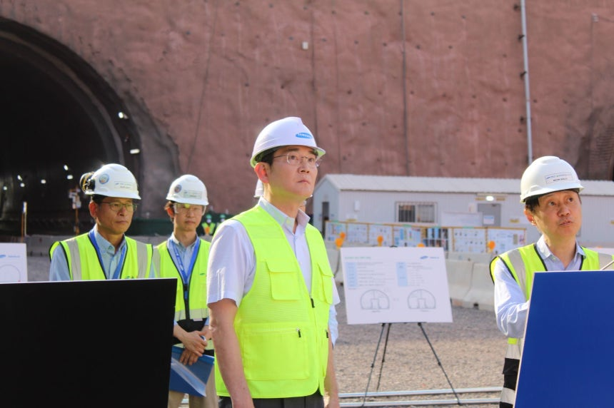 Samsung Electronics Chairman Lee Jae-yong inspects an underground tunnel construction site for the NEOM smart city project, involving Samsung C&T, in Tabuk, Saudi Arabia on Oct. 1, 2023. (Samsung Electronics)