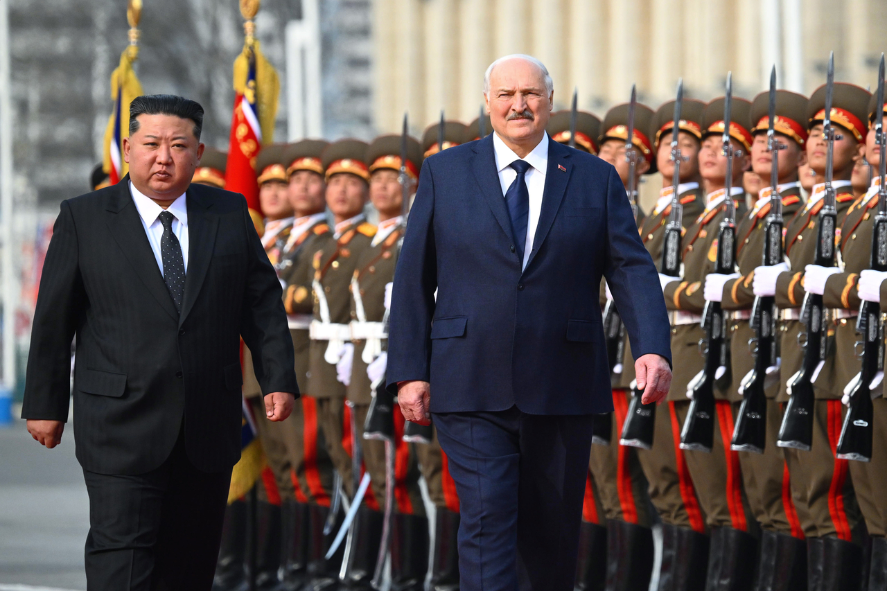 In this photo released by Belarus' Presidential Press Service, North Korea's leader Kim Jong Un, left, and Belarusian President Alexander Lukashenko attend an official meeting ceremony in Pyongyang, North Korea, Wednesday, March 25, 2026. (Belarus' Presidential Press Service via AP-Yonhap)