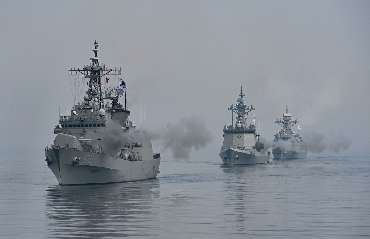 Warships take part in a four-day exercise to honor service members killed during military clashes with North Korea in the Yellow Sea and sharpen their combat readiness posture on Wednesday. (Navy via Yonhap)