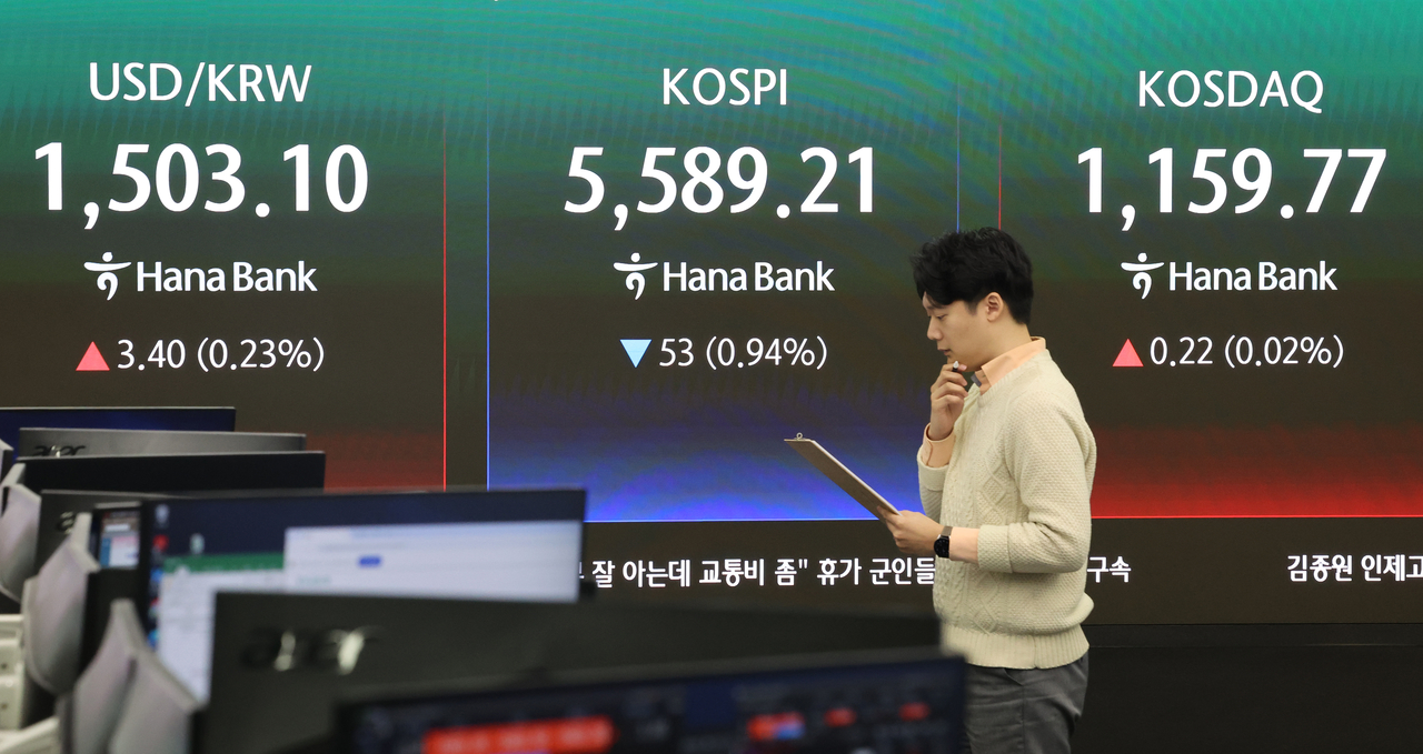 An electronic board showing the Korea Composite Stock Price Index at a dealing room of the Hana Bank headquarters in Seoul on Thursday. (Yonhap)