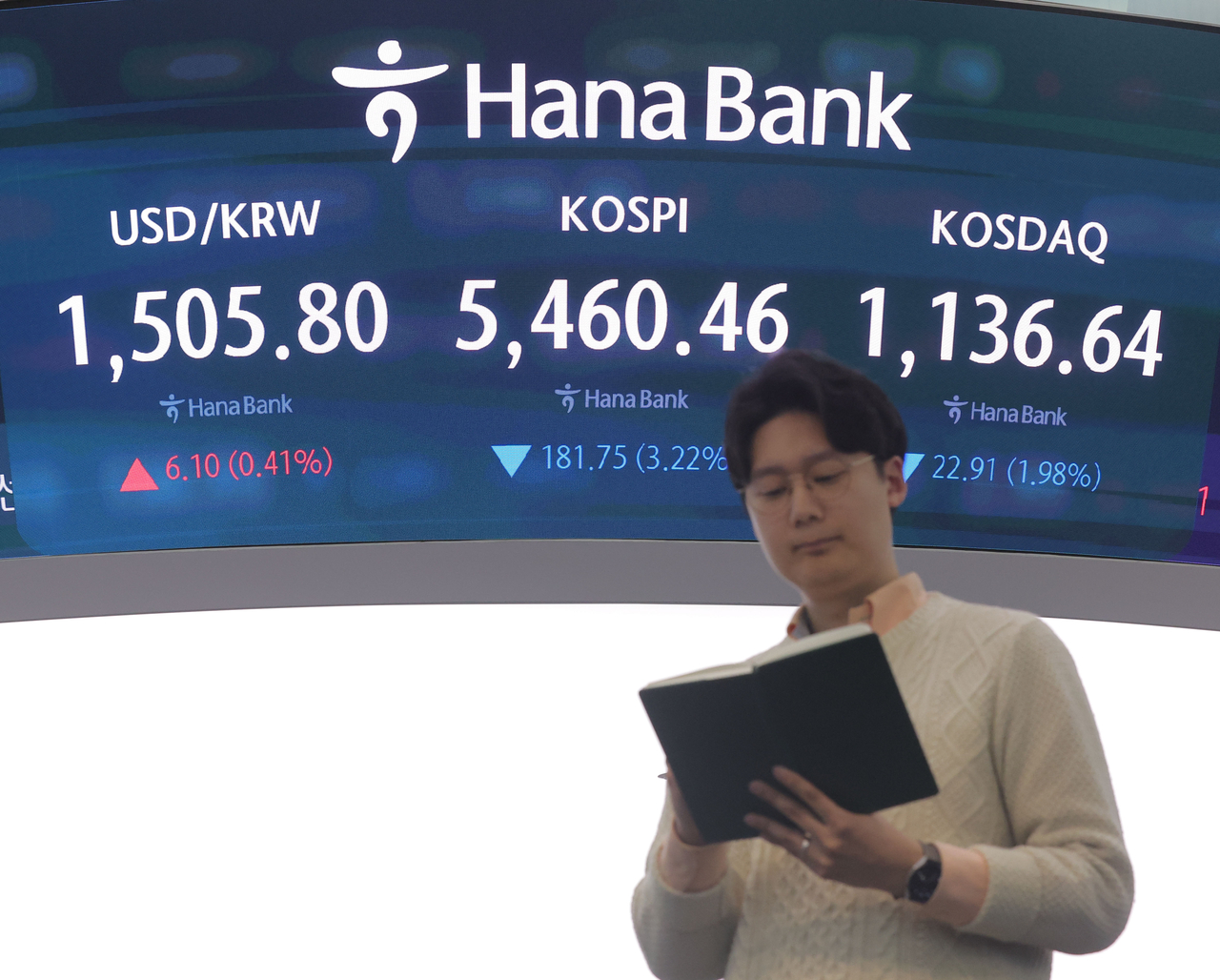 An electronic board showing the Korea Composite Stock Price Index at a dealing room of the Hana Bank headquarters in Seoul on Thursday.